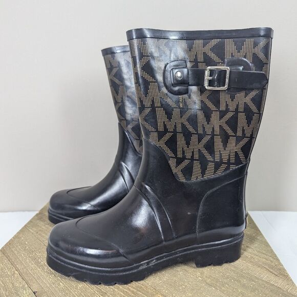 Michael Kors Logo Rain Boots – Black & Brown Monogram – Women’s Size 8 - Picture 1 of 8